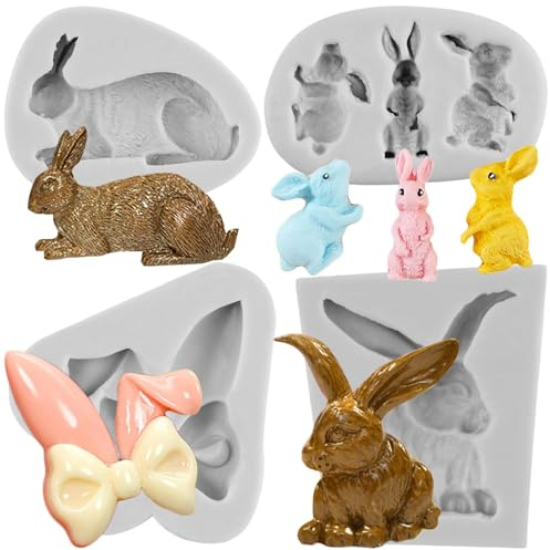 MYPRACS Rabbit Fondant Mould Easter Bunny Ears Silicone Moulds Set of 4 | Cake Decorating Cupcake Topper Chocolate Candy Polymer Clay Gum Paste