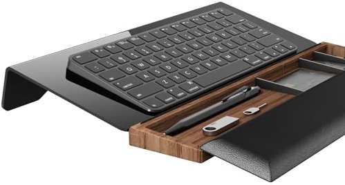 HEWYIOS Ergonomic Computer Keyboard tilt Stand and Wrist Rest, with Storage Space Storing Office Accessories Riser, 14.1x5.7 inch Tray Suitable for Home Desk Comfortable Typing (Black+Wood), jptz001