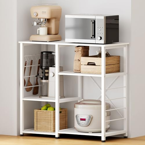 SogesPower Estantería de repostería, microondas, Estantería de 3 Niveles, con Ganchos en Forma de S, Estante para Utensilios de Cocina y Especias, 90 x 40 x 83 cm, Blanco Puro