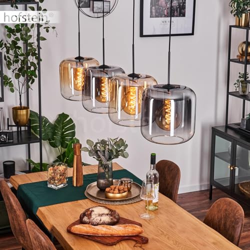 HOFSTEIN Hängeleuchte Lauden, 4-flammige Hängelampe aus Metall/Glas in Schwarz/Bernstein/Rauch/Klar, moderne Pendelleuchte im Retro/Vintage-Design, Ø Schirme 25 cm, E27, Esszimmer, Küche, Wohnzimmer