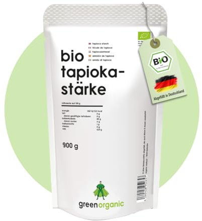Almidón de tapioca orgánico, sin gluten, ideal para hornear, cocinar, engrosamiento, cuentas de tapioca orgánicas, té de burbujas, embotellado y controlado en Alemania, 900 g