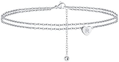 TINGN Pulseras de tobillo con inicial de corazón para mujer, chapado en oro blanco de 14 quilates, hechas a mano, delicadas tobilleras de plata en capas con letra inicial de corazón, pulseras de