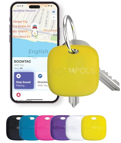 Boompods Boomtag Wiederaufladbarer Schlüsselfinder - Ozeanplastik Bluetooth Tracker kompatibel mit Apple Wo ist? App, Wasserdichter Key Finder, Mini Ortungsgerät für Schlüssel, Taschen, Gelb