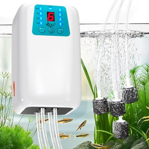 AQQA Aquarium Luftpumpe, 1000L/h Sauerstoffpumpe Batterie mit 4 Ausgänge, 6-Stufig Einstellbarer Luftstrom, USB Tragbare Sauerstoffpumpe Aquarium für Outdoor-Fischen