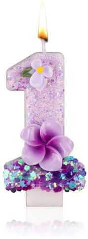Candela di Compleanno Numero, Candela di Compleanno a Forma di Fiore Viola Candela di Numero Affascinante Scintillante Candela di Numero di Paraffina per Festa di Compleanno (Numero 1
