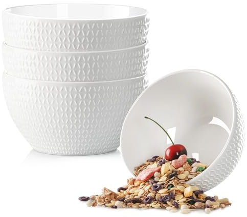 NUTRIUPS Deep Soup Bowl, 850ml Ceramic Cereal Bowl, 15x8cm White Breakfast Bowl Set of 4