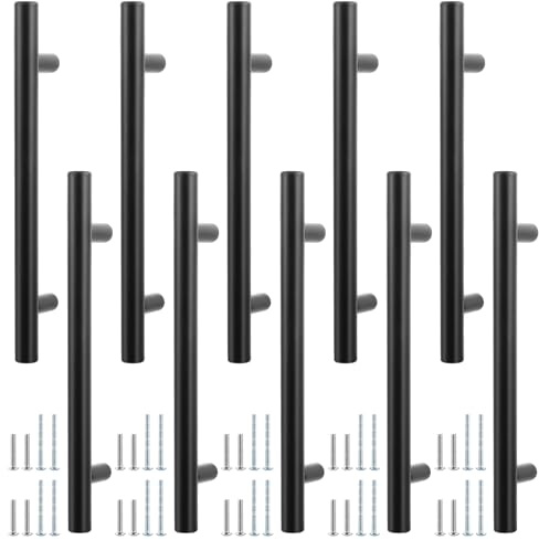 ASelected 10 st köksdörrhandtag, 188 mm svarta skåpdörrhandtag, 128 mm hålavstånd rostfritt stål T-bar handtag med skruvar för garderob, byrå, dörr, grind, skåp och lådor