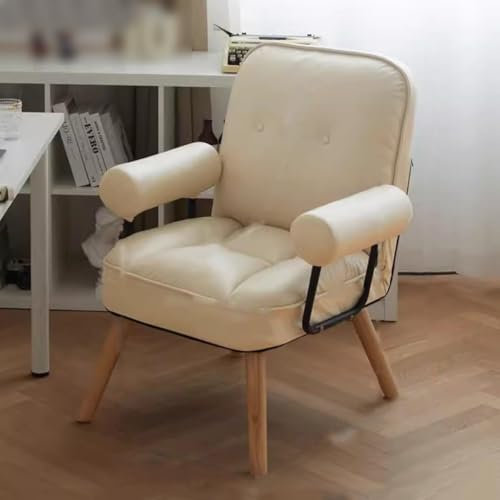 Moderner beige Leder Polstersessel mit verstellbarer Rückenlehne Stilvoller Wohnzimmer Relaxsessel mit Holzbeinen und Balkon Freizeit Design