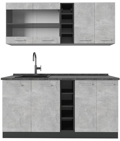 Vicco Singleküche R-Line, Beton/Anthrazit, 160 cm | 6 Module · Höhenverstellbare Füße · AP Anthrazit inkl. · Robuste Fronten · Mit offenen Regalen · Frei kombinierbar