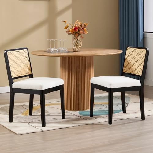 chairus 2 pcs Esszimmerstuhl aus Holz, Rattan-Rückenlehne, Schwarz/Leinen | Retro Küchenstühle 2er Set, mit weichem Leinen-Polster und Handgeflochter Rattan-Lehne, stabiler Holzstuhl in Landhausstil