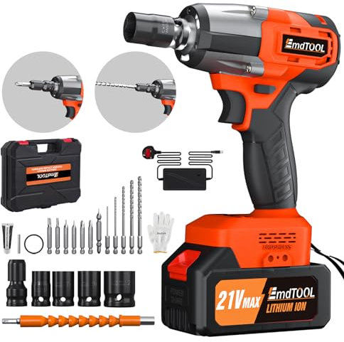 Cordless Impact Wrench 21V, 1/2” Brushless Impact Gun, 2500rpm & Max Torque 550Nm, High Torque Impact Wrench with 4 Socket Sets, 12 Drill Sets , 4.0Ah Battery, Charger and Carry Box, for Car Furniture