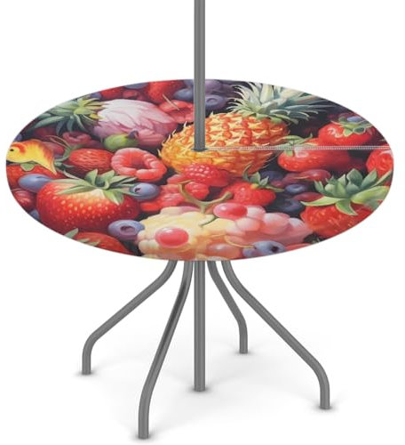 Woltant Tovaglia rotonda con foro per ombrellone e cerniera, facile da pulire, con bordi elastici, protezione per tavolo da esterno, per giardino, patio, barbecue (frutta)