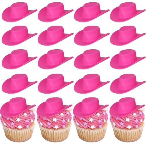 20 Stück Kunststoff Mini Cowboy Hut Tortendeko Western Cowgirl Hut Puppe Hüte Kuchen Deko Cowboy Puppenhaus Cupcake Toppers für Geburtstag Party Kuchen Dekoration Rosa