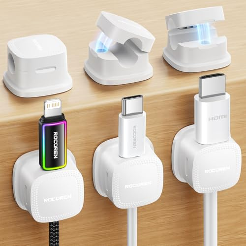 Rocoren Clips Câble,Organisateur de Cables,Accroche Cable,Clips de Câble Autocollants,Support de Câble Magnétique,Convient pour Le Bureau, La Table de Nuit, Le Câble de Charge, HDMI, USB (6, Blanc)