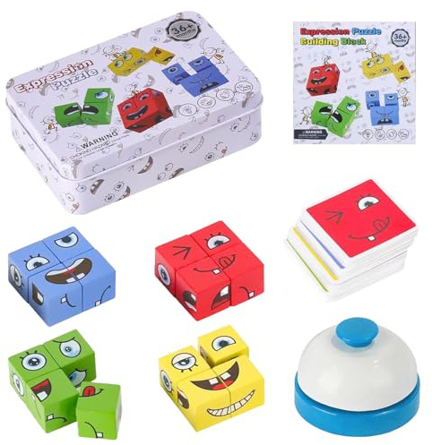3D Puzzle Face-Changing Magic Cube Emoji Blocks Spiel Magic Face Building Block Wooden Puzzle Montessori Toy Bunte Zauberwürfel Baustein Spielzeug Für 3 4 5 6 7 Kinder Mit Tischglocke