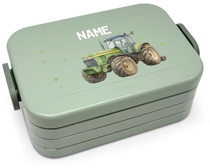 printplanet® Personalisierbare Brotdose „Layout Traktor“ – Lunchbox/Bento Box von Mepal – mit eigenem Namen oder Wunschtext – Farbe Nordic Sage – BPA-frei – Geschenkidee
