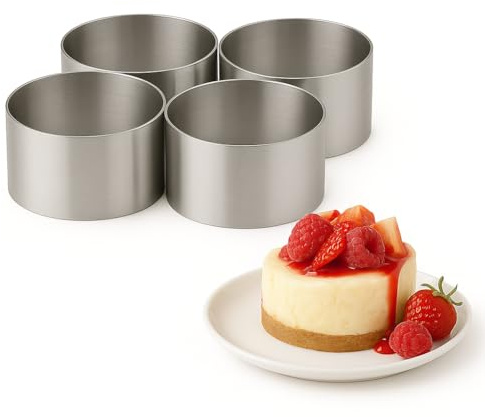 Food Presentation Rings – Set of 4 Stainless Steel Mousse Cake Rings – Oven & Dishwasher Safe – Cookie & Pastry Cutters for Desserts (60 x 45mm)