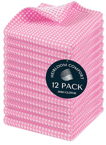 HEIRLOOM COMFORT 12 Pack Dual Tone Waffle Weave Dish Cloth, 30x30 cm, 100% Cotton, Absorbent, Fast Dry, Soft for Cleaning, Durable Dishcloth Set, Machine Washable, Hand Dish Towels, Baby Pink