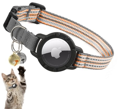 Airtag Katzenhalsband, Reflektierend Katzenhalsbänder mit Apple Air Tag Halter, Leichtes Elastisches Sicherheits Katzen Halsband, Halsband für Katzen Kätzchen und Welpen (Orange, S(9-13))