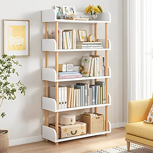 OSCHF offenes Bücherregal mit 5 Ebenen, Weiß | Modernes Holzregal mit Kantenschutz, Massivholzrahmen, für Wohnzimmer, Arbeitszimmer und Büro
