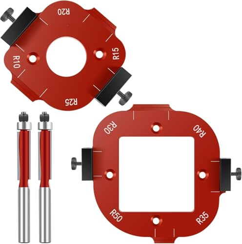 Frässchablone für abgerundete Ecken,Frässchablone Oberfräse, Radius Schablone aus Aluminiumlegierung für Holzarbeiten, Radius Jig für Radien R10/R15/R20/R25/R30/R35/R40/R50, inkl. 2 Schneidfräser