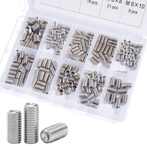 JOYELEC 243 Pezzi Viti a Brugola Senza Testa con Estremità Concave,Set Assortito in Acciaio Inox 304, Filettature Metriche M3-M8,Viti a Esagoni Incassati per Hardware Domestico,con 5 Chiavi a Brugola