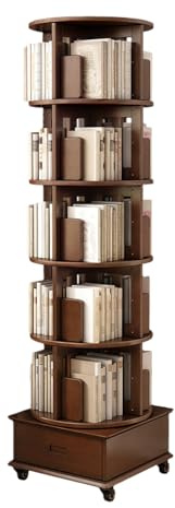 JQslycdmv Drehbarer Bücherturm Mit Schublade, Um 360° Drehbares Bücherregal Aus Massivholz Auf Feststellbaren Rollen, Für Schlafzimmer Und Wohnzimmer(C)
