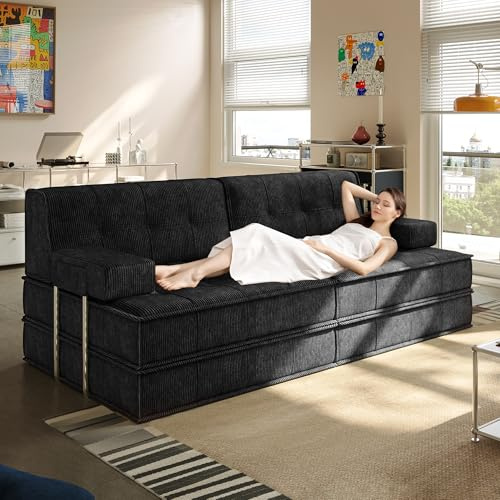 Wumagin 6 in 1 Schlafsofa 160x100cm,Klappbare Matratze 200x160cm mit festem Rahmen, bequemer ausklappbarer Futon, 4-Sitzer Gästesofa modularer Loveseat ohne Federkern für Wohnzimmer (Schwarz)