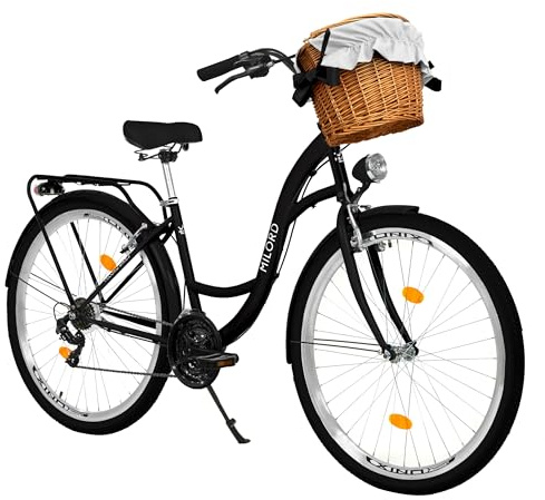 MILORD Damenfahrrad Citybike Komfort Mit Weidenkorb Hollandrad Vintage Fahrrad, 26, 28 Zoll, 21-Gang