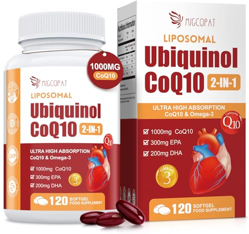1000mg Liposomal CoQ10 Ubiquinol with Omega-3 Softgels, Advanced Coenzyme Q10 High Strength & Absorption, Naturally Fermented CoQ10 Supplement for Antioxidant, Heart & Energy Support - 120 Count