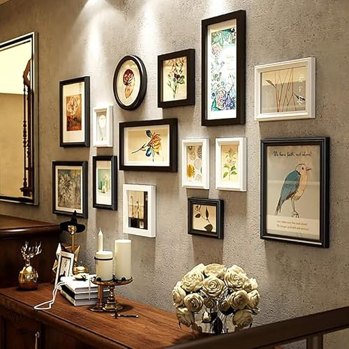 Antspertor 14-teiliges Bilderrahmen Set verschiedene Größen mit Dekorativbildern, Wanddekoration für Wohnzimmer,Schlafzimmer, Büro, ideal für Fotocollagen, kreative Raumgestaltung(Schwarz/Weiß)
