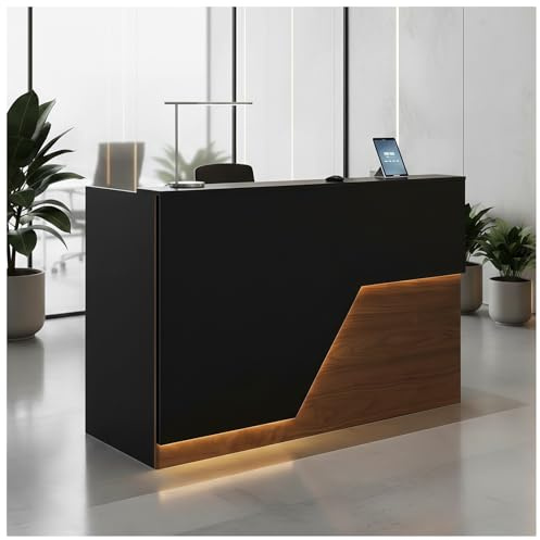 POPICK Moderne Empfangstheke, 160cm Verkaufstheke L Form mit LED Beleuchtung, Rezeptionstresen aus Holz mit Kabeldurchlass, Empfangstresen Nussbaumholz für Büro, Friseursalon, Laden, Geschäft, Hotel
