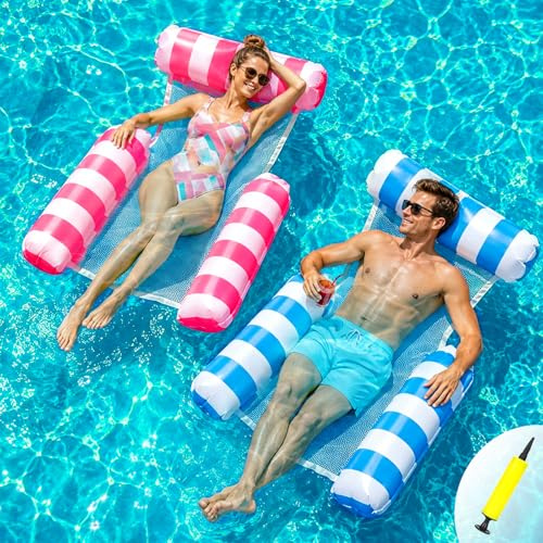 Inflatable Pool Chair 2 Pack, Inflatable Pool Floats Adult, 4 IN 1 Swimming Floating Lounge Chairs Water Hammock, Inflatable Chair for Summer Water Party Beach or Travel, Pool Toys With Air Pump