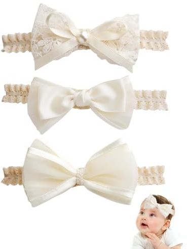 LEEQ Baby Girls' Headbands, Fasce per capelli per bambine, 3 pezzi, elastiche con fiocchi, adatte per battesimi, accessori per bambine (bianco sporco)