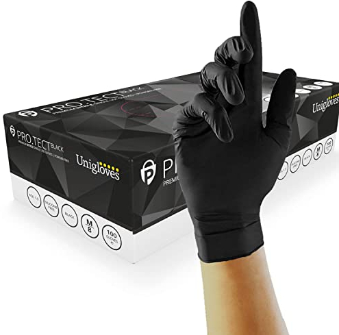 Unigloves PRO.TECT Black GA0043 Nitrile Single Use - Multipurpose, Powder Free Disposable Gloves, Box of 100 Gloves, Black, Medium