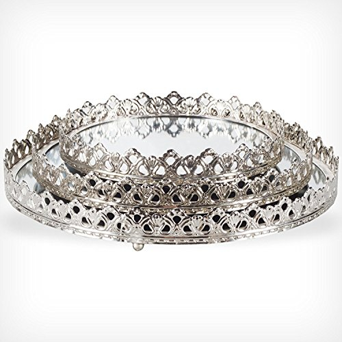 DRULINE 3tlg. Set Spiegeltablett - Tablett - Dekotablett - Make up Organizer - Kerzentablett – Schmucktablett – Kosmetiktablett - Ø 20/26/29 cm - Metall Silber/Spiegel - Geschenkidee