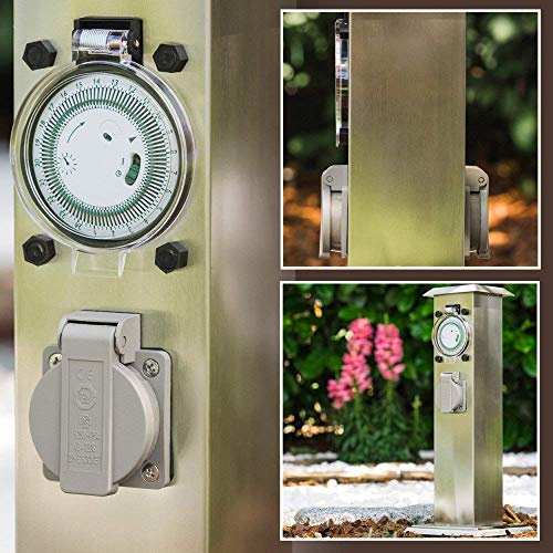 HOFSTEIN Außensteckdose, Gartensteckdose aus Metall in Edelstahl, 24h Zeitschaltuhr und 2 Steckdosen mit Klappdeckeln, Festinstallation, Mehrfachsteckdose, Garten, Terrasse, Außenbereich, IP 44