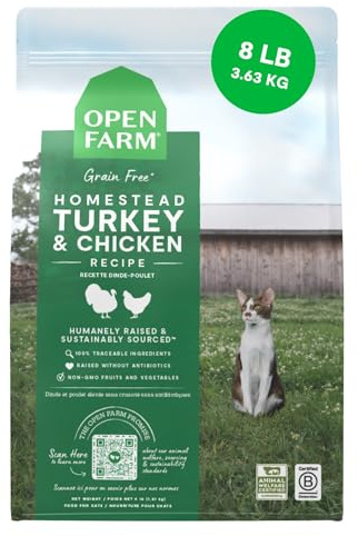 Open Farm, Grain Free Dry Cat Food, High-Protein Kibble for a Complete & Balanced Diet, Non-GMO Fruits & Vegetables, Prebiotic Fibers to Support Digestion, Homestead Turkey & Chicken Recipe, 8lb Bag