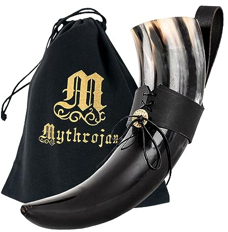Mythrojan Viking Drinking Horn with Strap Medieval Norse Beer Mug, Large Ale Cup 500 ml (16oz) Authentic Replica Horn for Mead, Ale & Beer