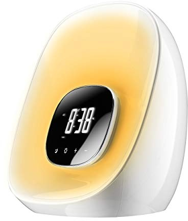 Groov-e Light Curve Wake-Up Light Alarm Clock with FM Radio - Sunrise & Sunset Simulation, RGB Mood Lighting, 10 Brightness Levels, 8 Alarm Sounds, Touch Controls & Snooze Function - White