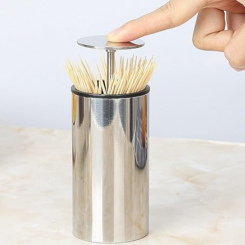 Distributeur automatique de cure-dents en acier inoxydable - Ouverture par clic - Boîte de rangement moderne pour cure-dents en bambou
