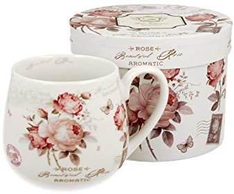Duo Teetasse Kaffeetasse Kaffeebecher Teetasse Teebecher Teebecher Teebecher Teetasse Teebecher OHNE Sieb Deckel Porzellan bauchig Blumenmotiv 400 ml Set in Geschenkbox Beautiful Rose OHNE Teesieb