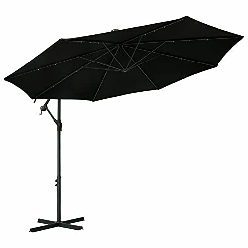Catherinol Sombrilla voladiza con luces LED y poste, Parasol Terraza, Sombrilla Terraza Exterior, Sombrilla Jardin, Parasol Jardin, Sombrilla Playa, Parasol Excentrico, acero negra 300 cm