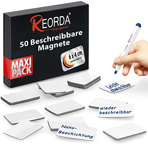 Reorda® Magnetstreifen beschreibbar - 50 Stück wiederbeschreibbar – 6 x 4 cm (Weiß) - Beschreibbare Magnete für Whiteboard, Kanban, Magnettafel oder als beschriftbare Magnete für den Kühlschrank