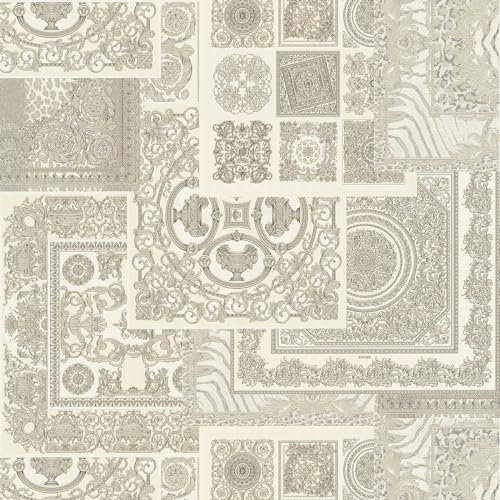 Carta da parati barocca Profhome 370485-GU Carta da parati TNT leggermente strutturata in stile barocco lucida argento grigio bianco 7,035 m2