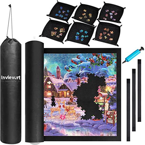 Lavievert Puzzlematte zum Aufrollen mit 6 Sortiertabletts, tragbarer Puzzle-Aufbewahrung, Puzzle-Sparer mit Kordelzug-Verschluss, Aufbewahrungstasche & Handpumpe für Spiele bis zu 2000 Teile