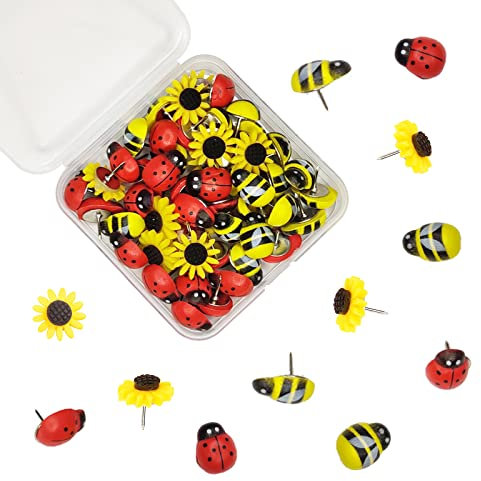 50 Stück Tier-Pinnnadeln, DANUDON Biene, Pinnnadeln, Sonnenblumen-Reißnägel, dekorative Hummel-Form, Floret, Daumennägel, Dekorationen für Fotowand, Memo, Korkbrett, Pinnwand, Karte mit Box