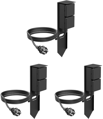 ledscom.de 3 prese da giardino PIWI a colonna con picchetto a terra e cavo da 2 m per esterni, IP44, a 2 vie, nero