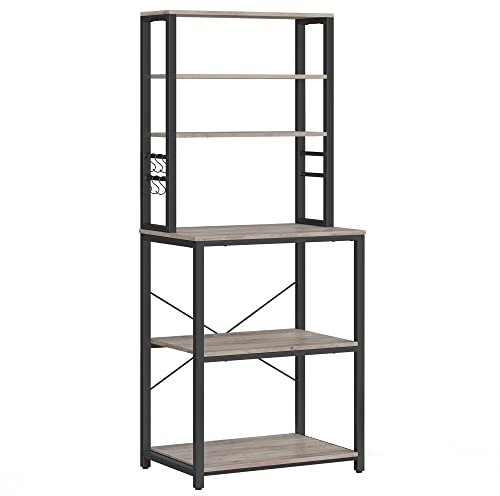 VASAGLE Estantería de Cocina, Estantería de Panadería, 6 Estantes y 6 Ganchos, para Microondas, Marco de Acero, Industrial, 40 x 60 x 167 cm, Gris y Negro KKS024B02