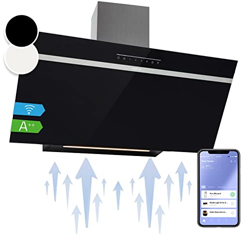 Klarstein Dunstabzugshaube 90 cm Umluft/Abluft, Schwarz mit Spühlmaschinenfestem Filter, Dunstabzug Schräg mit 514m³/h Luftstrom, Abzugshaube Breit, Wandhauben mit Wi-Fi & LEDs